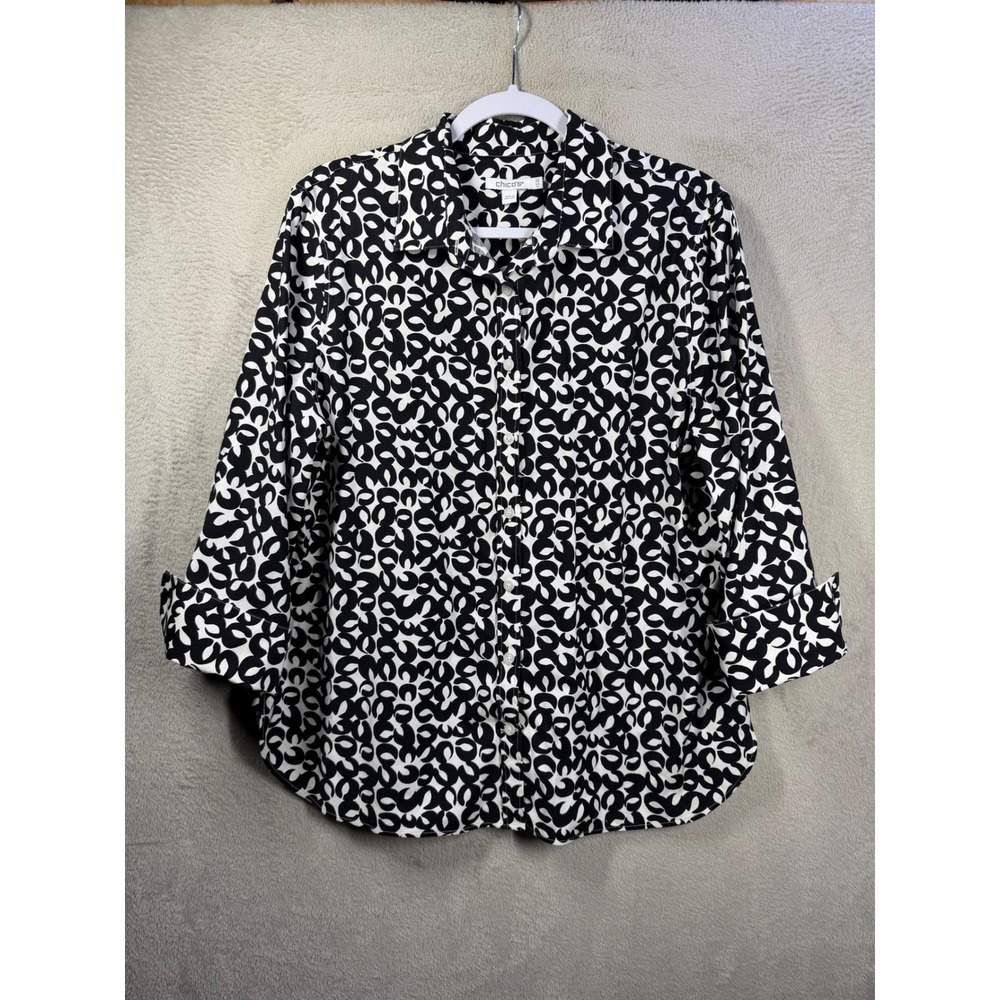Chico's Button Down Shirt Womens 14 (2.5) Black White Abstract Geometric Blouse